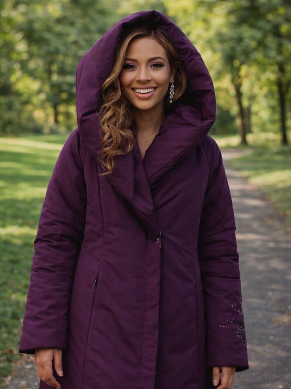 House of Dereon RARE Down Purple Shawl Neck‎ Embroidered Rhinestone Coat Women M